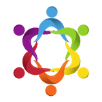 Multicoloured human-like figures intertwined to form a rounded Star of David shape.