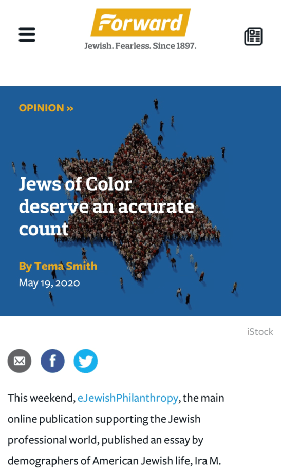screen shot of mobile view of jews of color count article